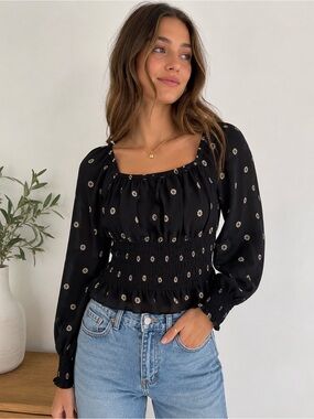Madewell Smocked Floral Peasant Blouse Womens Small Black Long Sleeve Crop Top
